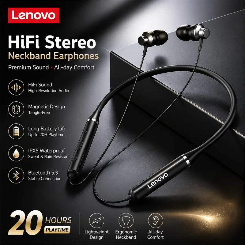 Magnetic Neckband Sports Earphones - Auricolari Bluetooth Originali Lenovo HE05X, Impermeabili,