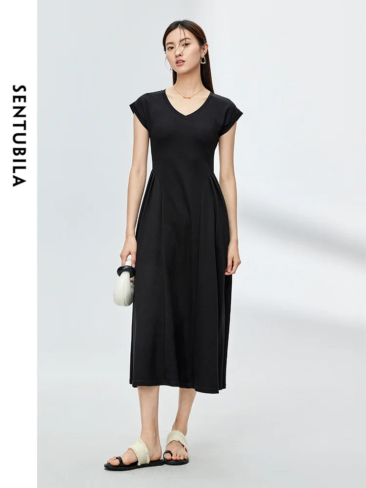 

SENTUBILA Women Summer Short Sleeve Black Dress 2024 Elegant Woman Clothing Solid V-neck A-line Casual Flared Dresses M32L49921