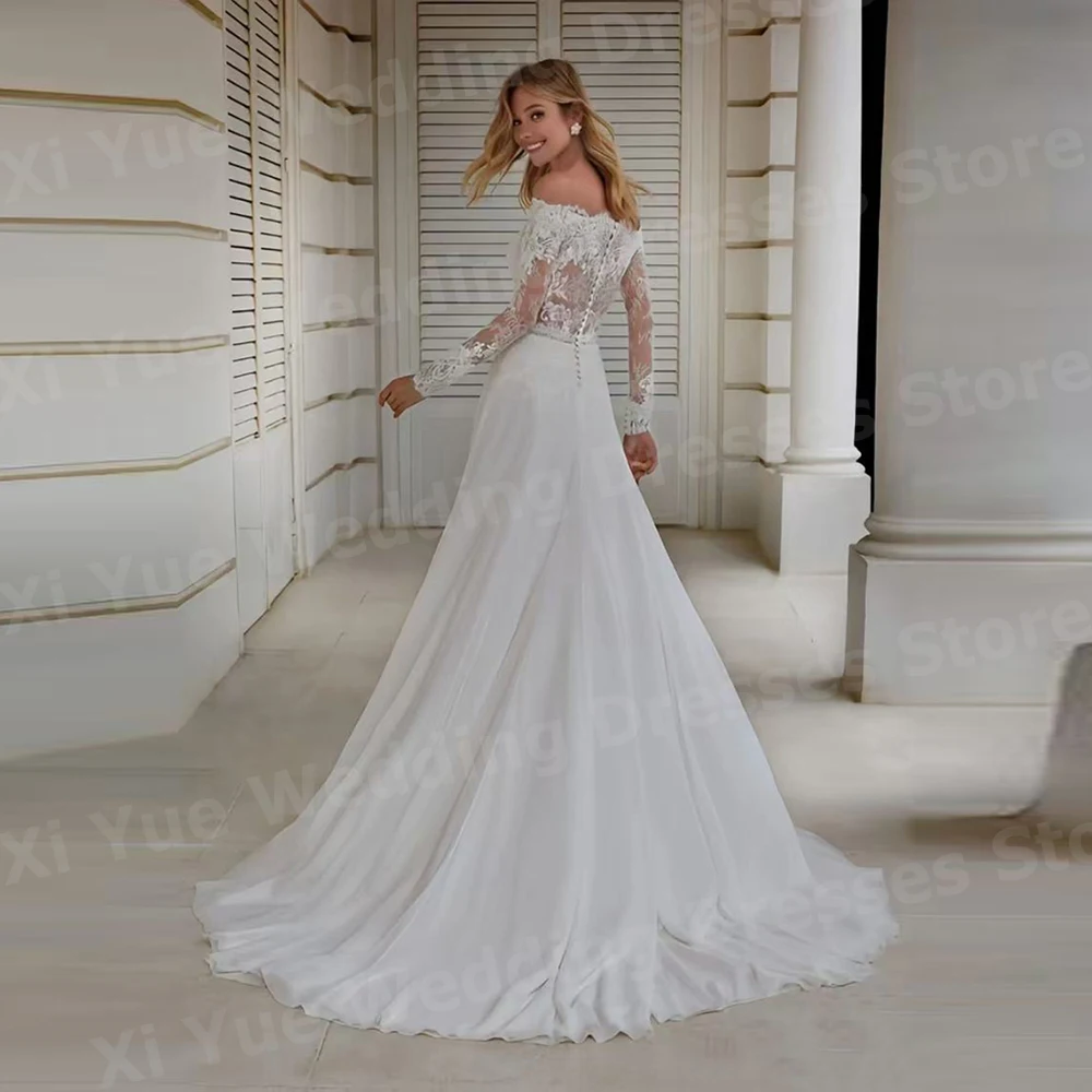 Charming A Line Women's Wedding Dresses Appliques Lace Bride Gowns Long Sleeved Customized Off The Shoulder Vestidos De Novia