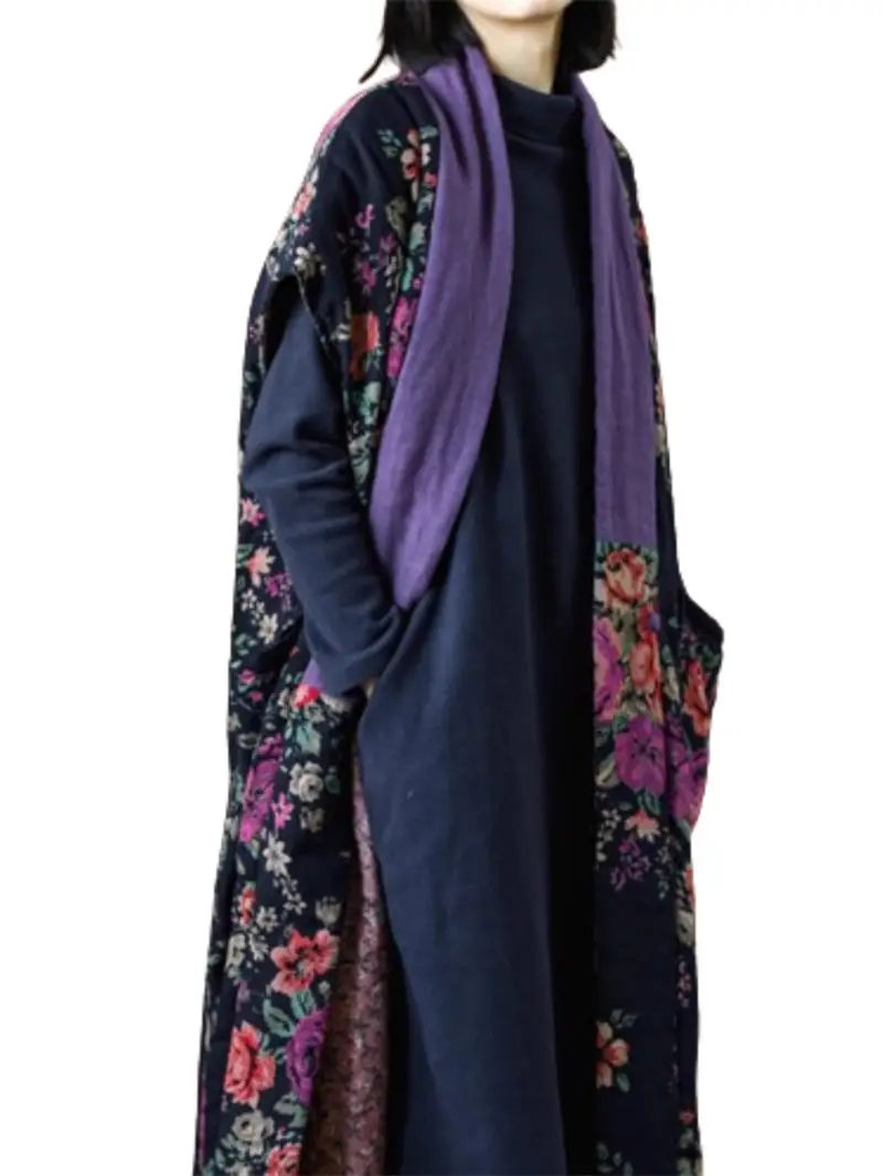 Ethnic Style Cotton And Linen Floral Jacket Women\'s Retro Fashion Color Blocking V-Neck Buckle Long Vest Cotton Waistcoat Z4116