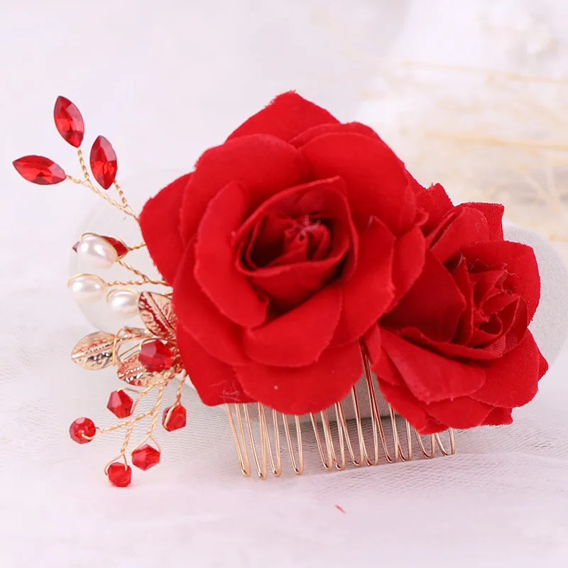 Red Rose Flowers Hair Combs Women Hair Jewelry Handmade Red Rhinestone Pearls Tiara For Wedding Bridal Hair Accessories