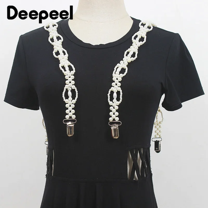 Deepeel ใหม่ 1 คู่ 69*2 ซม.แฟชั่น Pearl CHAIN ตกแต่ง Suspenders ปรับกางเกงลูกปัดหญิงเอวรัดตัว Braces