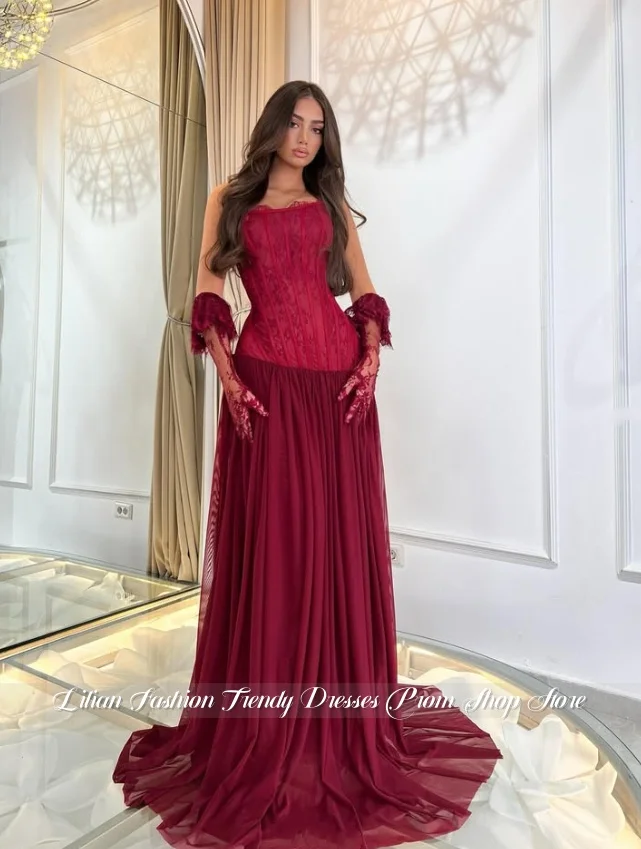 Vestido de noche Borgoña personalizado, corsé sin tirantes de encaje, falda de gasa acampanada, vestido de fiesta para ocasiones formales, vestido de compromiso de Oriente Medio