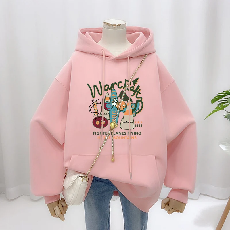 Autumn Winter Women Clothing Vintage Loose Casual Cotton Sweatshirts Cartoon Printed O-neck Top Pullovers Y2K Pocket Hoodies