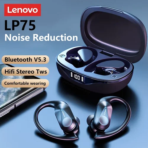 Imagen 2 del producto 3/5/10 Uds Original Lenovo LP75 TWS auriculares deportivos inalámbricos Bluetooth 5,3 gancho para la oreja reducción de ruido auriculares para juegos al por mayor