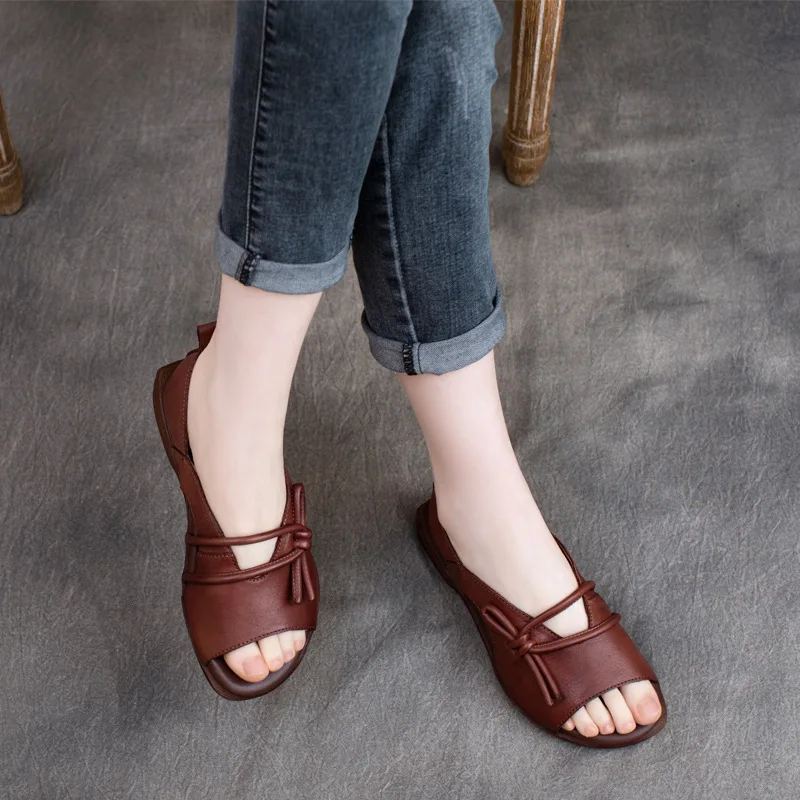 2025 Summer New Retro Cowhide Pullover Flat Bottom Open Toe Sandals Roman Shoes Women's Shoes Slope Heel Sandals