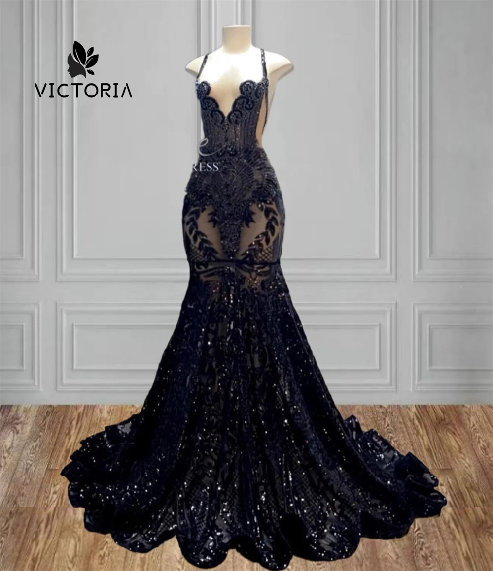 

Seductive Black Sequined Lace Prom Dresses Luxury 2025 Halter Beaded Rhinestones Elegant Party Dress For Black Girls Customized