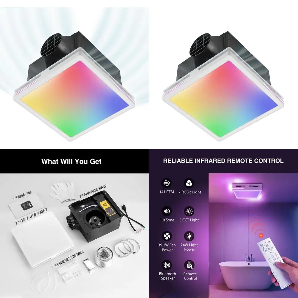 

11.8 Ceiling Exhaust Fan with Remote, Bluetooth Speaker, RGB Lighting, 1.0 Sone Noise, 3.94 Duct, Adjustable White/Warm/Neutral