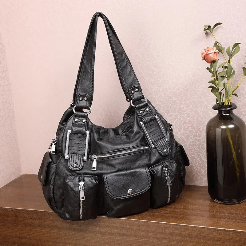 

Trendy Women Y2k Hot Girl Motorcycle Bag Retro Lychee Pattern Tote Bag Large Capacity Casual Multi-pocket Shoulder Crossbody Bag