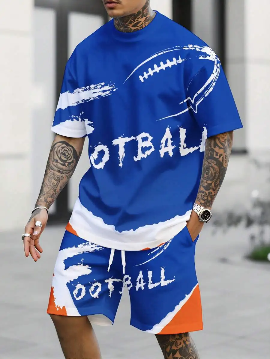 

Mens Casual Sporty Football Print T-Shirt And Shorts Set Summer Beach Outdoor Wear