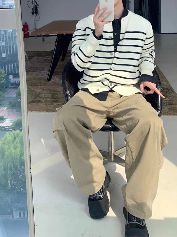 

Классический вязаный кардиган в полоску с круглым вырезом и пуговицами, мужской, повседневный, универсальный, легкий, удлиненный, из мериносовой шерсти...