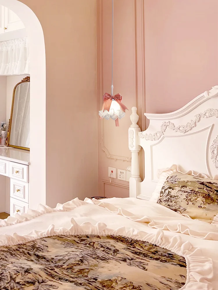 

French bedside chandelier pink bow glass restaurant bar light creative romantic princess style girl bedroom light