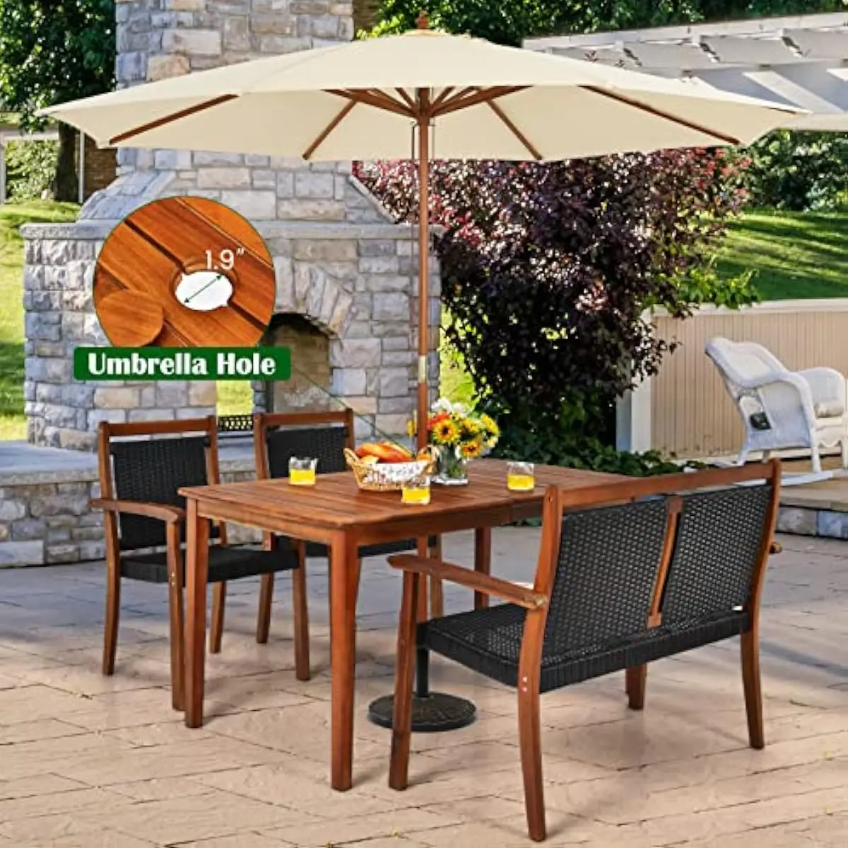 4-Piece Modern Outdoor Dining Ensemble Featuring Rectangular Acacia Table with 1.9-Inch Umbrella Opening Plus Ergonomic PE Ratta