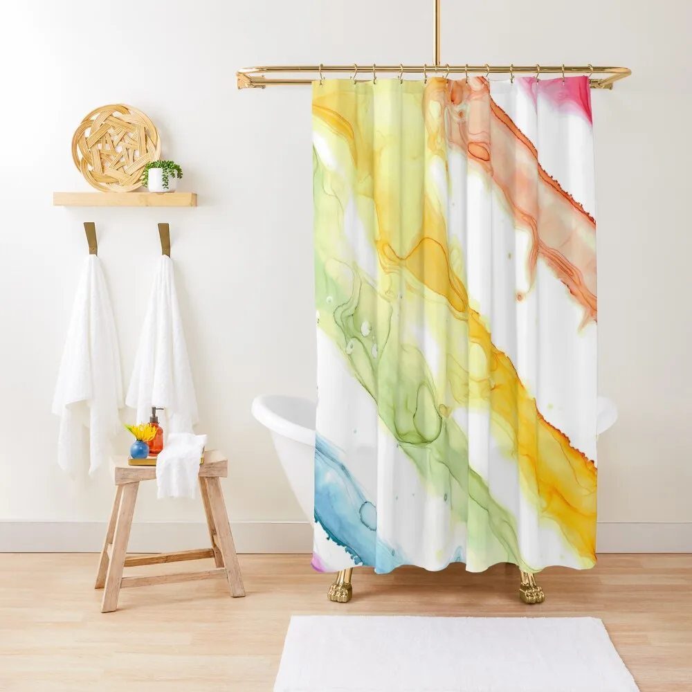 

Rainbow Stripe Abstract 5322 Modern Alcohol Ink Painting by Herzart Shower Curtain Modern Accessory Bathrooms Curtain