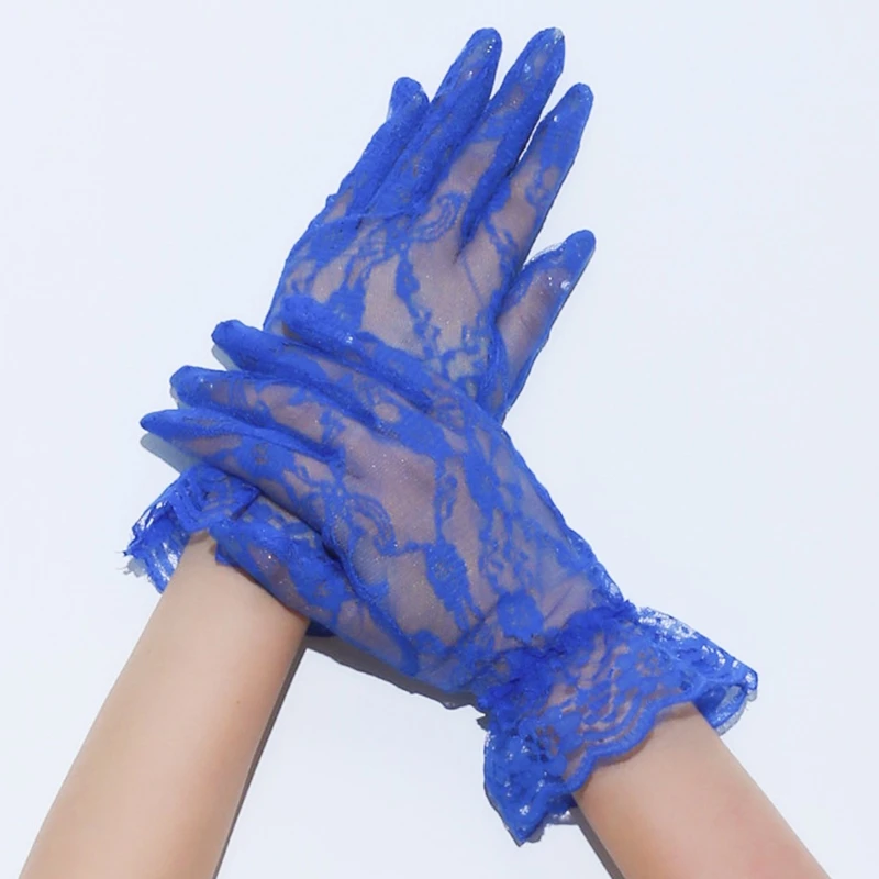 Elegant Tulle Floral Lace Short Gloves Ruffled Cuff Sheer Mesh Transparent Gloves Party Lolita Dress Costume Accessories