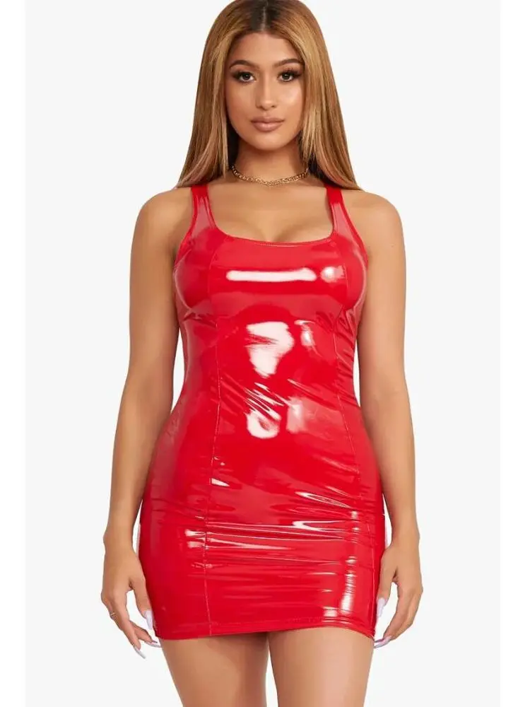 Image of S-XL Ärmelloses Wet Look PVC Kleid Glänzendes PU Leder Paket Hüfte Minifalda Strumpfhosen Hot Sexy Clubwear Vestido Elastische Sommerkleid Robe