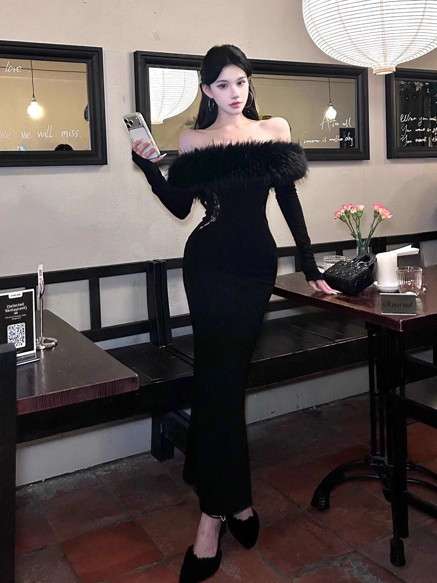 

Sexy Pure Desire One-oulder Velvet Collar Dr Women's Autumn Winter Lace Waist-Cinching Fi-Tail Evening Gown Long Dr