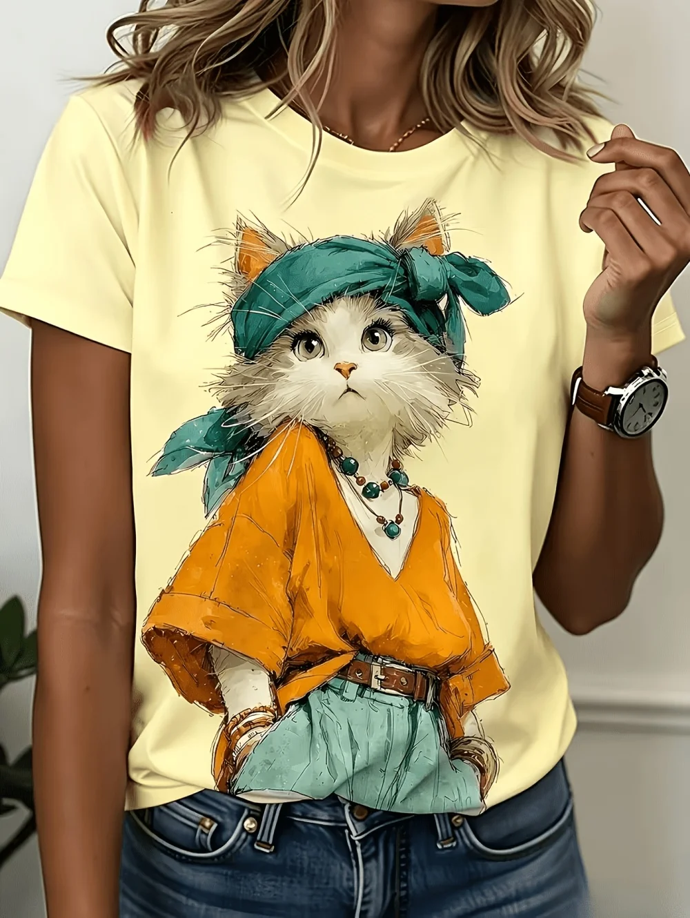 Neues Damen-T-Shirt mit Katzen-Print, modisches Kurzarm-3D-Druck-T-Shirt, Sommer-Streetwear, O-Ausschnitt, lockerer Pullover, Damenbekleidung – Detail 8