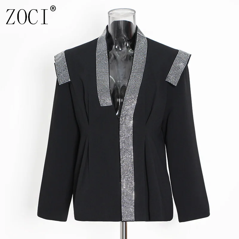 

ZOCI Women's Runway Look Blazers Rhinestone Spliced Suit Jackets For Female Unique Design Coats Notched Collar 2025 Spring New