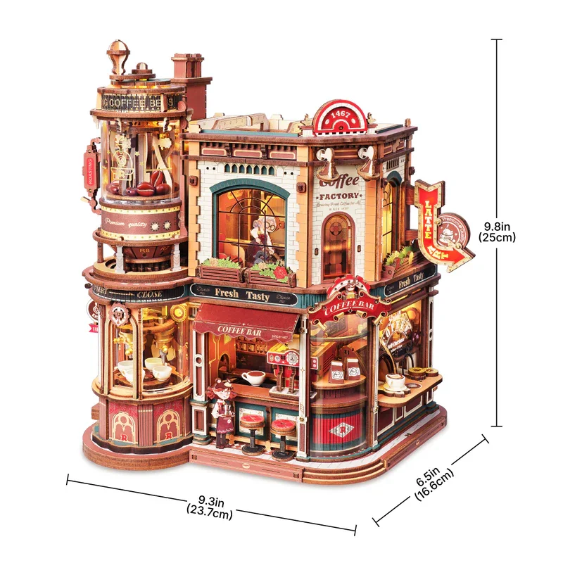 ROKR Dream Coffee Factory 3D Houten Puzzels Houten Muziekdoos Kerst Houten Model Kits Bouwen Beste Cadeaus voor Kinderen Volwassenen EAB02