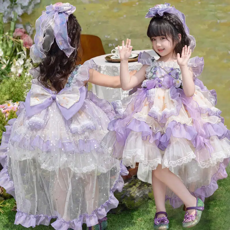 Girl Summer Princess Dress Sweet Cute Lolita Tiered Skirt Festival Banquet Evening Dress Mesh Puff Skirt Cake Dress Girl's Gift