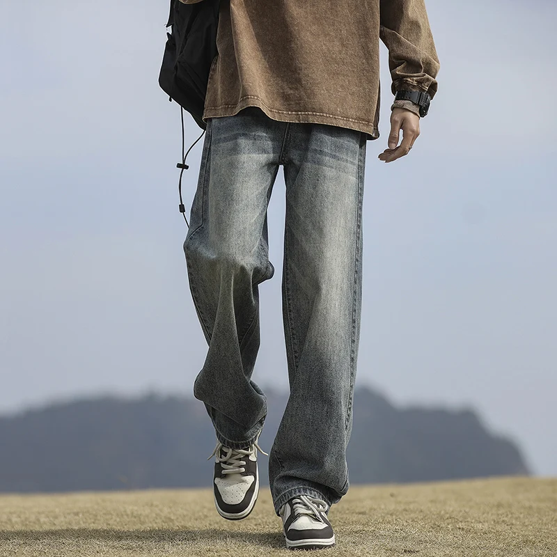 Spring New Loose Men'S Jeans Youth Fashion Straight Fit Elastic Casual High Street Hip Hop Jeans Floor Dragging Pants