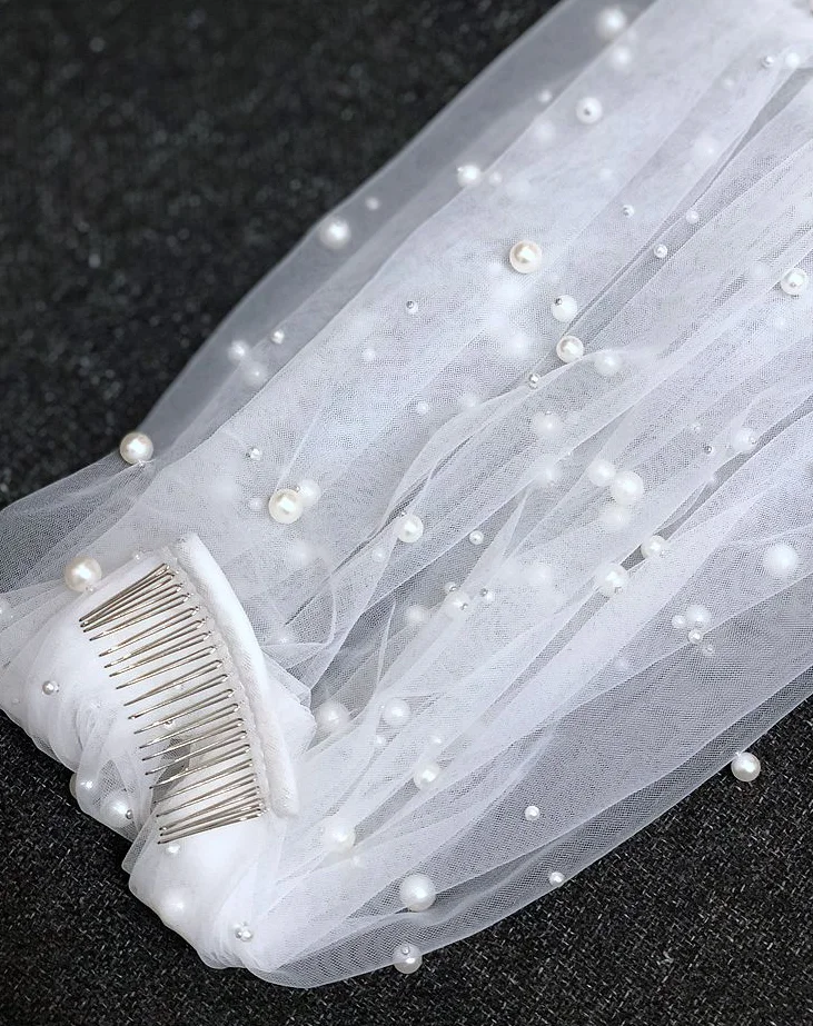 TOPQUEEN Perlen Hochzeit Schleier 1 Tier Soft Bridal Veil Beaded Hochzeit Zubehör 3M Kathedrale Länge Schleier für Braut Elfenbein v176 – Detail 8