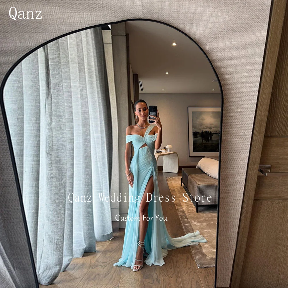 

Qanz Off The Shouder Mermaid Evening Dresses High Side Slit Dresses For Wedding Guests Long Train Vestidos De Gala Customized
