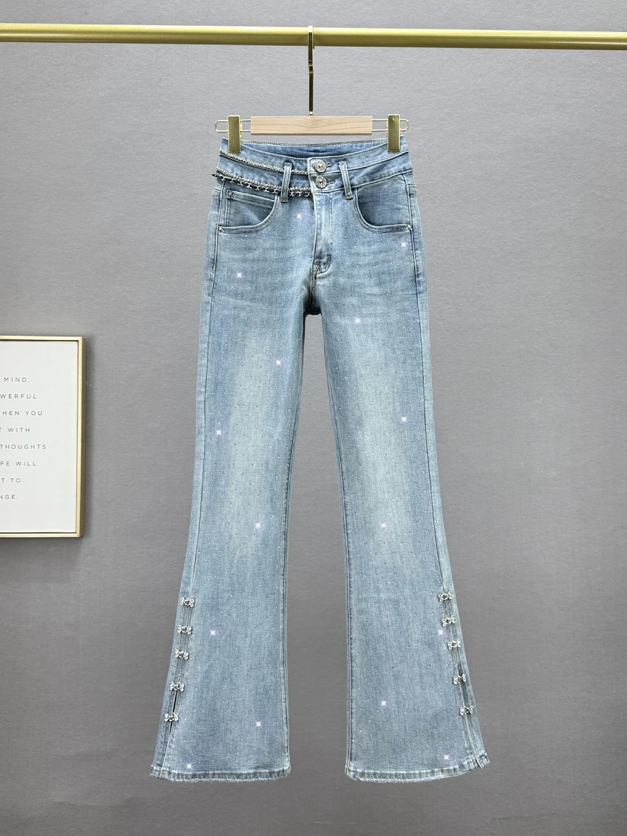 

High Waist Bell Bot Jeans Women's Spring New Sle Elastic Slimming Heavy Du Rhinestone Extended Length Denim Pants