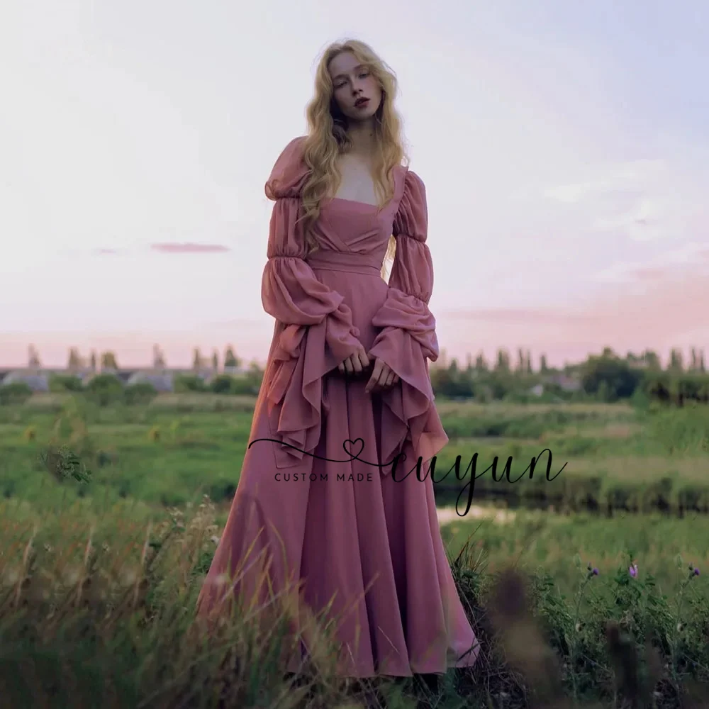 CUYUN Aangepaste Franse lange galajurken Elegante chiffon vierkante kraag lange mouwen meisjes avondfeestjurk formeel evenement