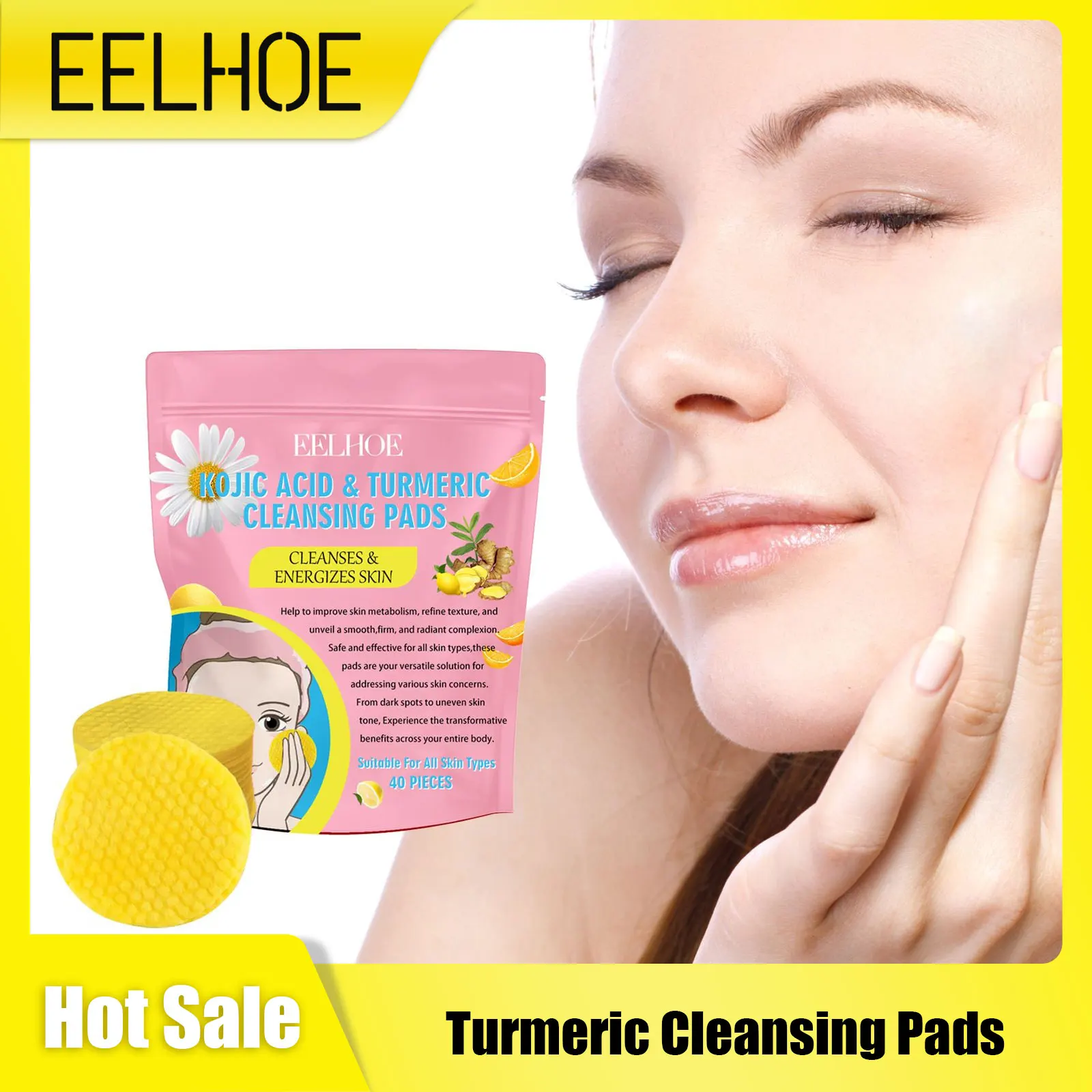 EELHOE Turmeric Cleansing Pads Oil Control Kojic Acid Face Exfoliating Dead Skin Removal Shrink Pores Deep Cleansing Facial Pads