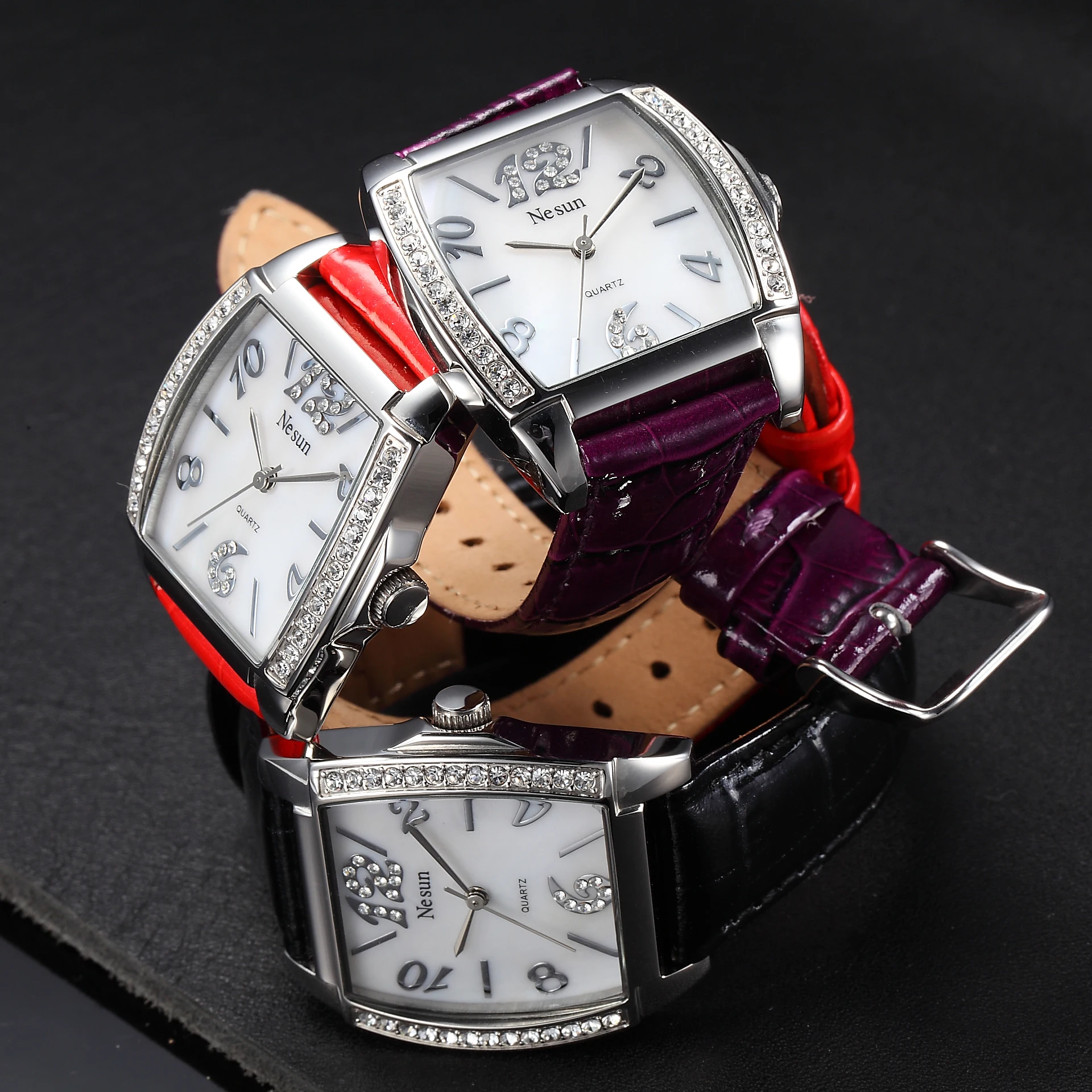 Switzerland NESUN Women's Luxury Watch MIYOTA Quartz Movement Rhinestone Accented Waterproof Leather Strap Fashion Square N6211L