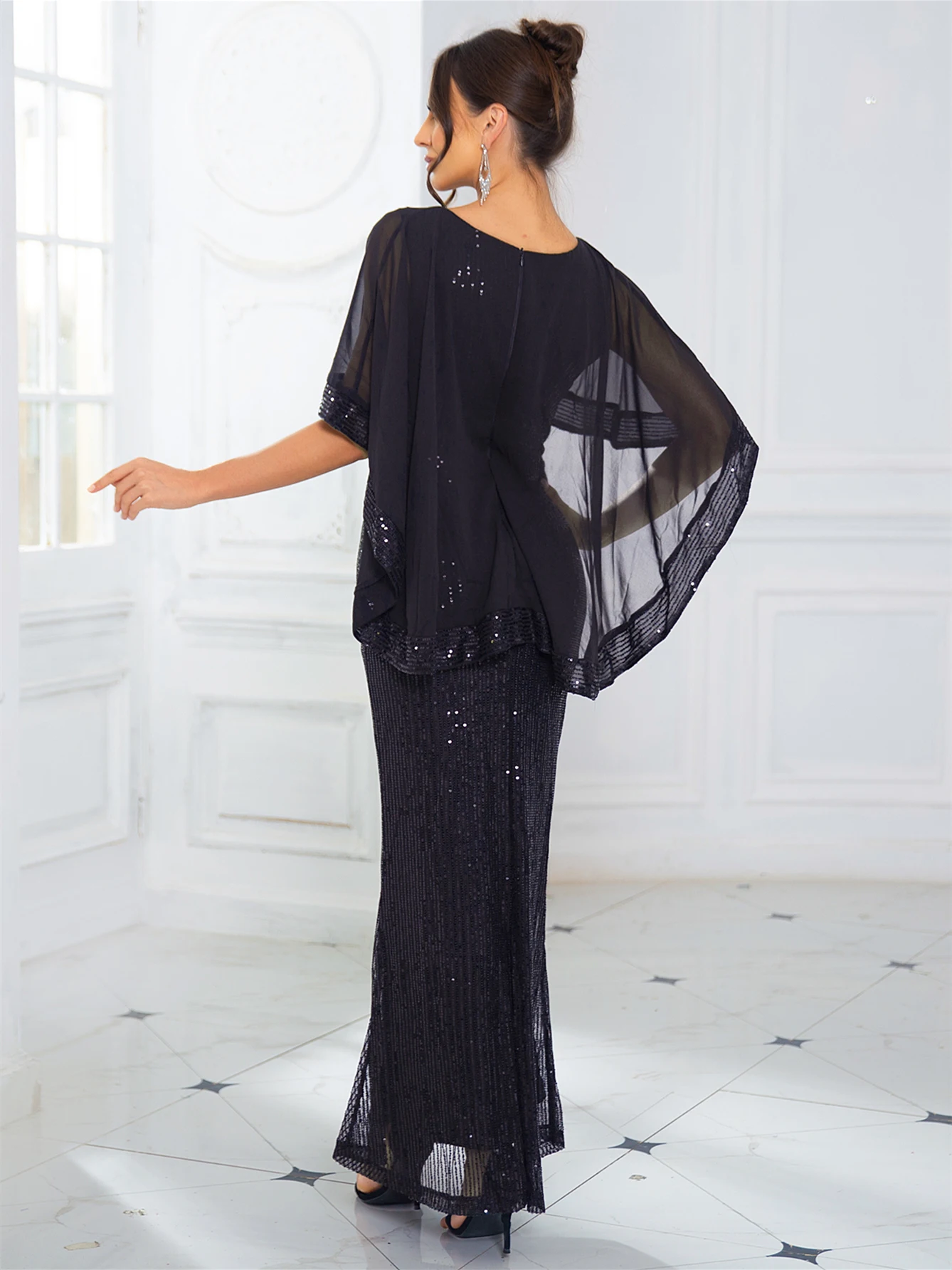 Batwing Sleeve Long Sequined Maxi Dress Patchwork Chiffon Elegant Stretch Evening Party Prom Gown for Women