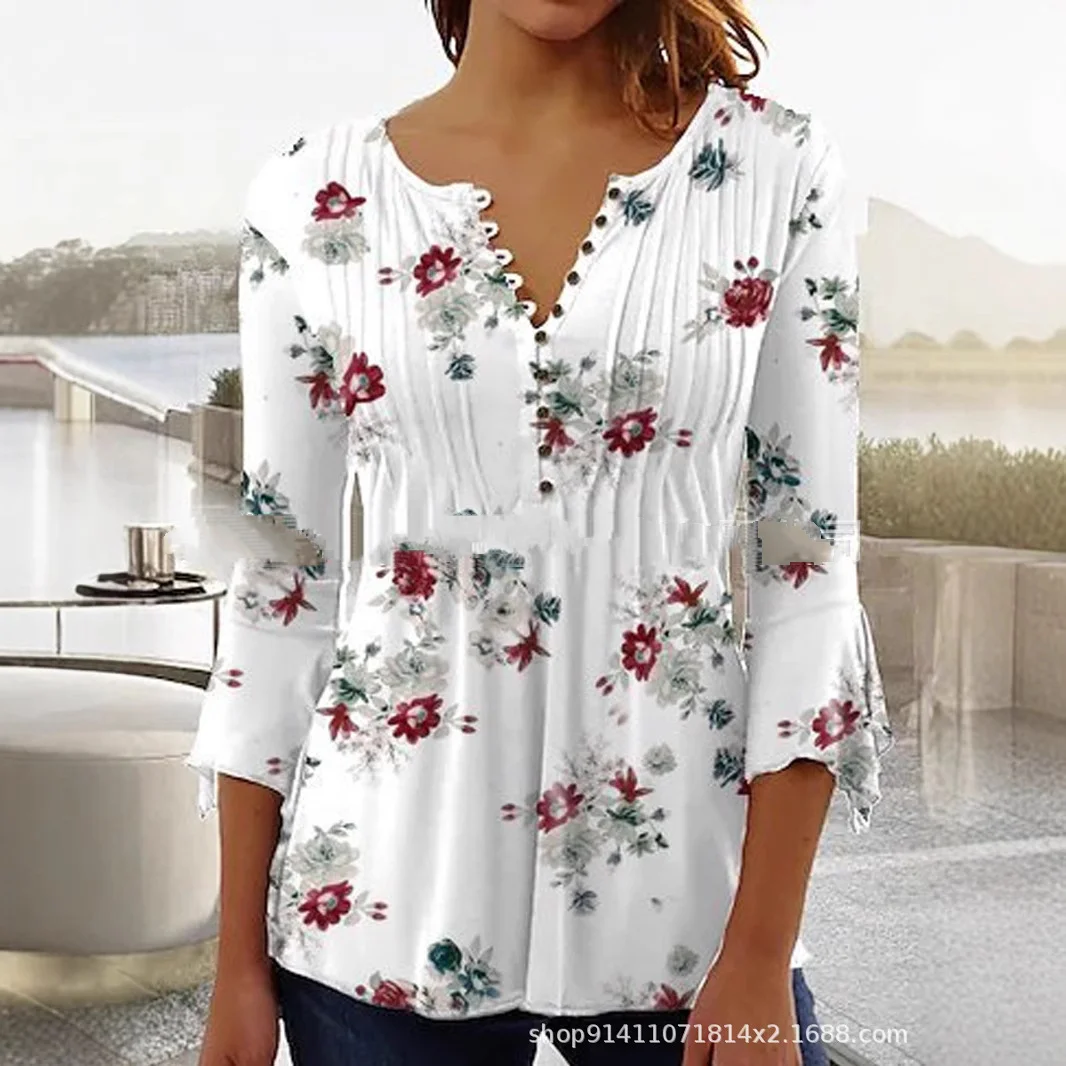 

New Womens Floral Print V-Neck 3/4 Flare Sleeve Blouse Pleated Casual Boho Top for Summer Vacation