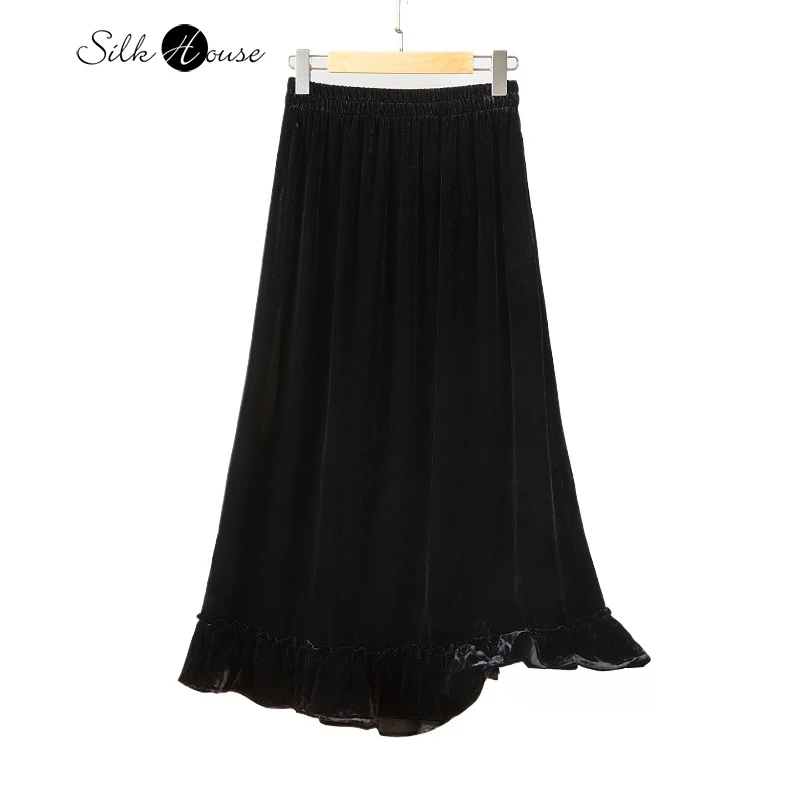 

Spring and Autumn Fashion Elegant Versatile Black A-skirt with Mushroom Edge Skirt Design Elastic Waist Velvet