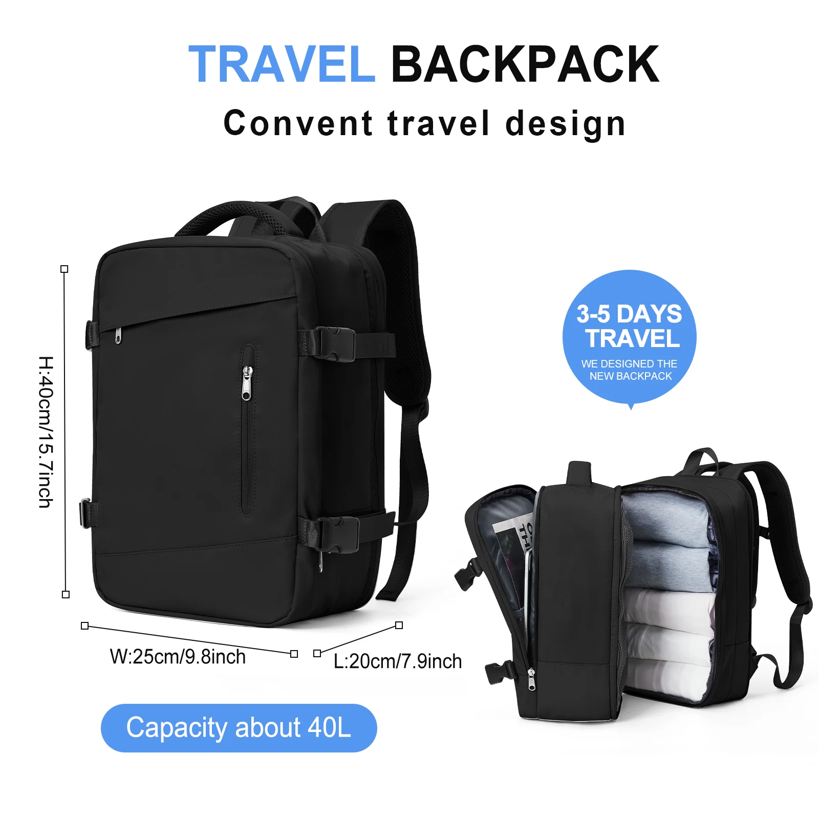 Backpack 40x20x25 Expandable Ryanair Women\'s Travel Backpack 40L Men Business Backpack School Large Capacity Laptop Cabin Bag