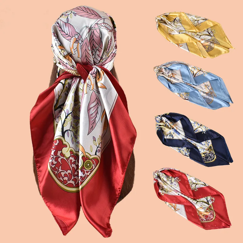 Neuer 90*90cm Modischer Bedruckter Quadratischer Schal Damen Seidenschals Bandanas Luxuriöser Reise-Schal Eleganter Hijab Halstuch für Frauen