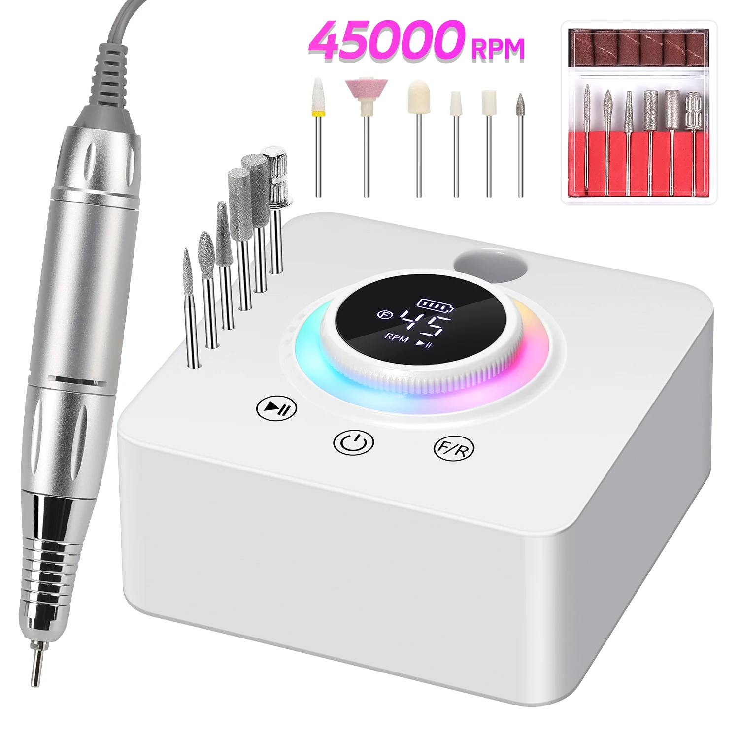 Perceuse à ongles électrique 45000 tr/min, avec écran LCD, lime à ongles Rechargeable, à faible bruit, pour Salon de manucure à domicile