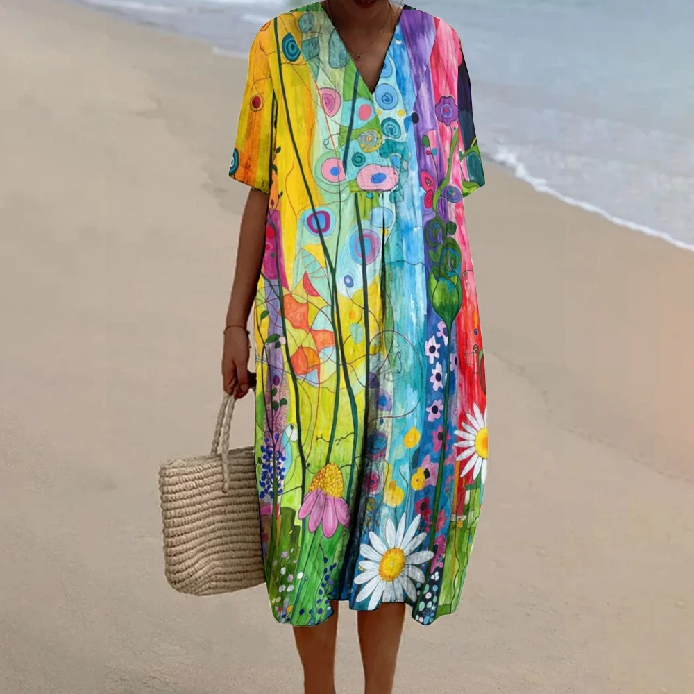 Bohemian style Vacation Beach Dresses Baggy Flowy Linen Dress Venezuela Elegant Cotton V Neck A-line Luxury Brand Robe