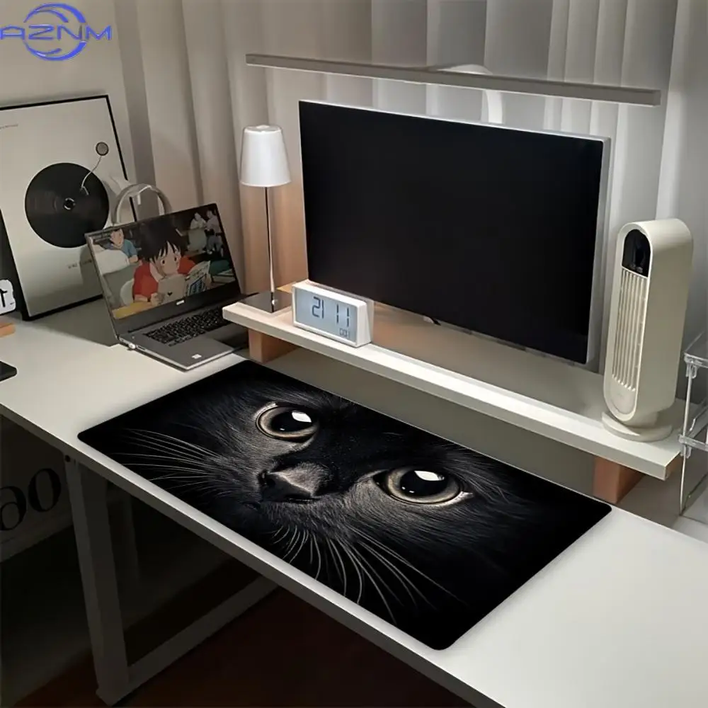 Gothic Mystic Cat Mouse Pad Waterproof Non‑Slip Heterochromia Black Cat Face Design Mousepad for Home Gaming Workspace