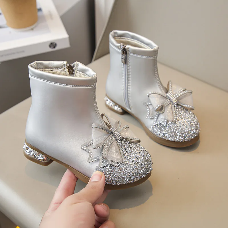 Girls Autumn Winter Shoes Kids Plush 2024 New Crystal Short Boots Children Fashion Princess Butterfly-knot String Bead ZIP