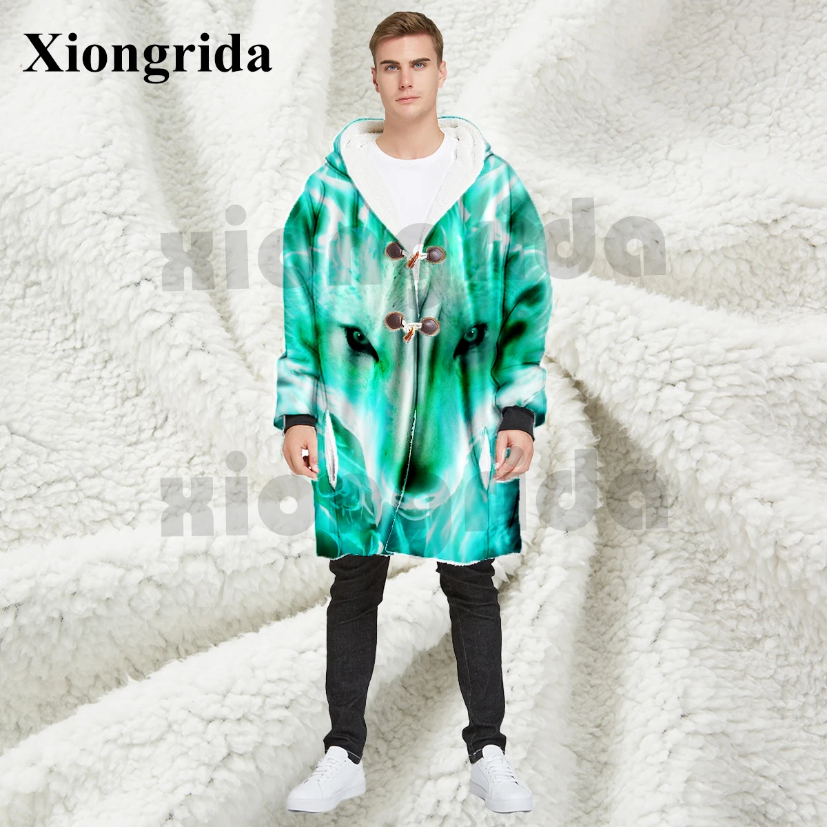 Wolf Print cloak Hoodies Mens Thick Jacket Animal Printed Hood Casual All Over Print Unisex Pullover Warm Coat S-5XL