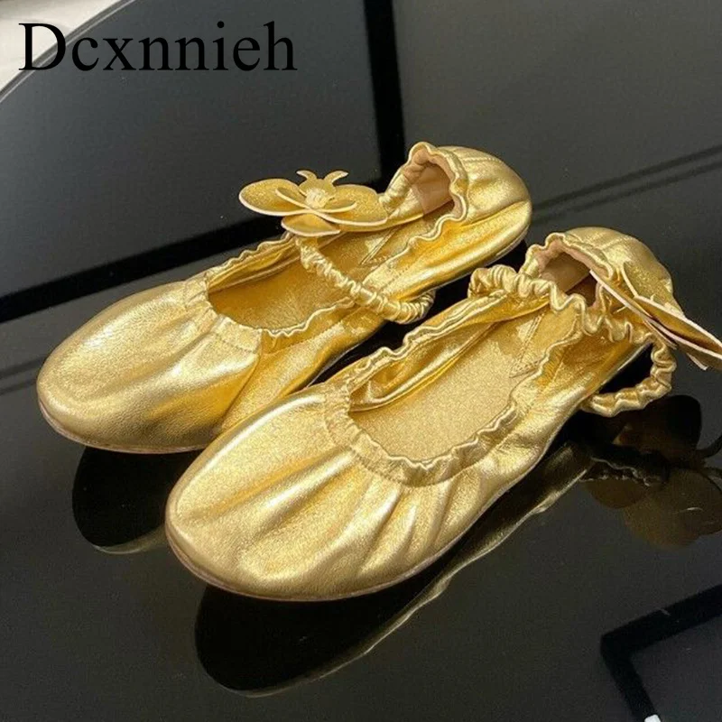 

New Genuine Leather Flower Decor Ballet Shoes Women's Fold Design Single Shoes Spring Autumn Retro Flat Shoes Mary Jane Shoes