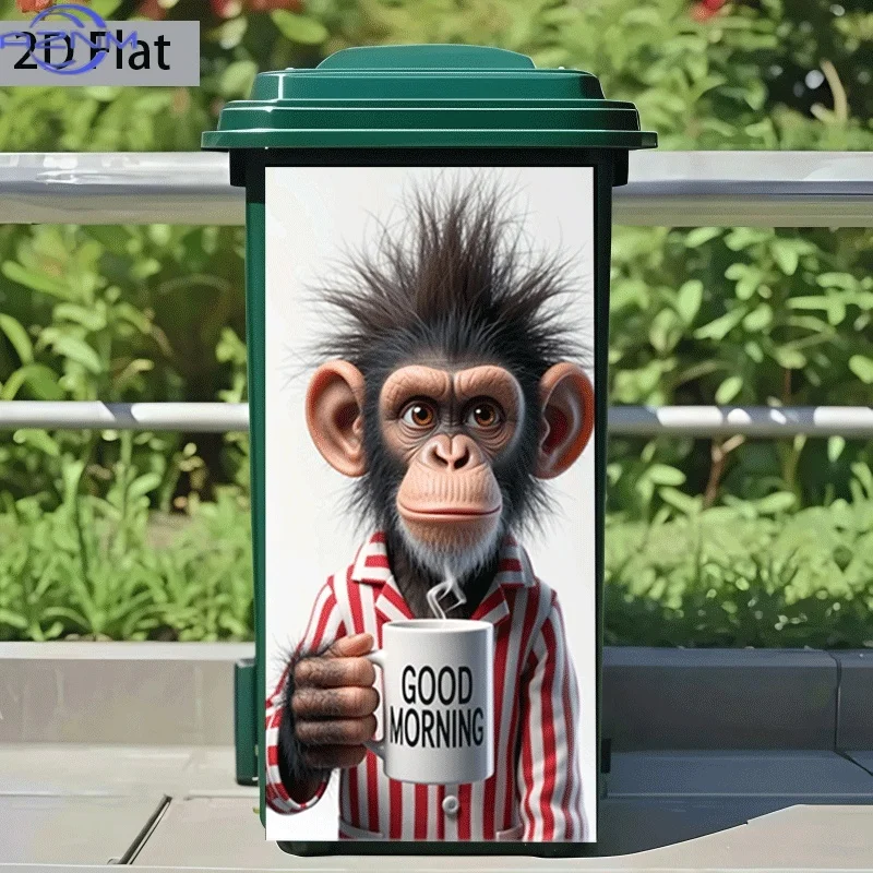 [2D Flat Printing] 1pc 2D Pattern Printing Kitchen Trash Can Sticker X inch Cute Monkey Good Morning Time Theme Kitchen Home D