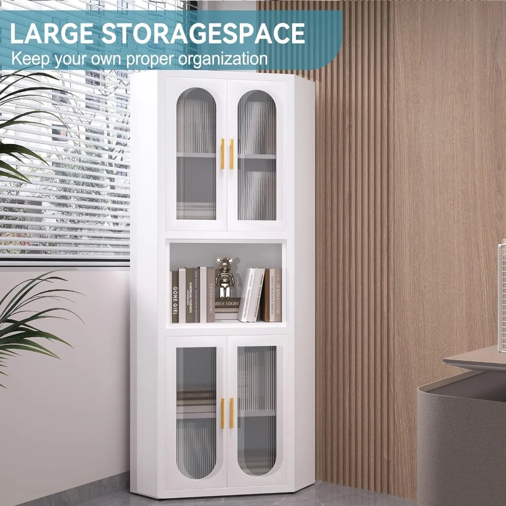 خزانة زاوية معدنية، خزانة تخزين زاوية طويلة مع 4 أبواب زجاجية أكريليك وأرفف قابلة للتعديل، خزانة مطبخ لـ