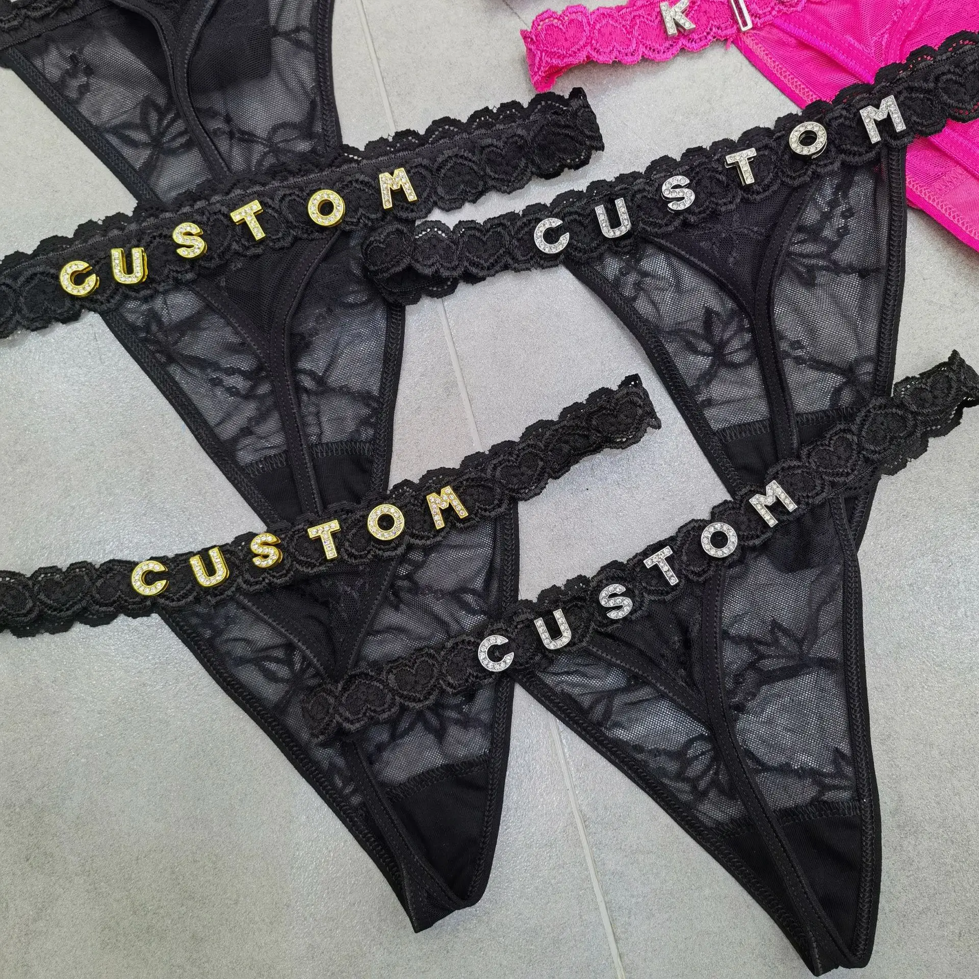 Customize Thongs Crystal Name Letter Waist Chain Body Jewelry Women Sexy Lace Bikini G-String Panties Girl Valentine's Day Gift