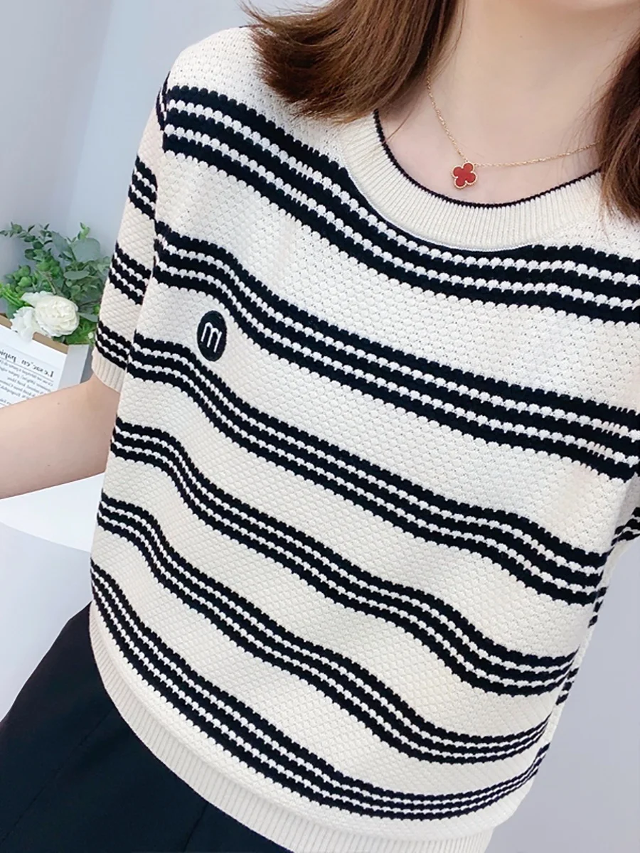 

Вязаный топ в полоску из ледяного шелка, женский летний универсальный ор Све, корейский круглый пуловер Ne, свободный крой, повседневная мода
