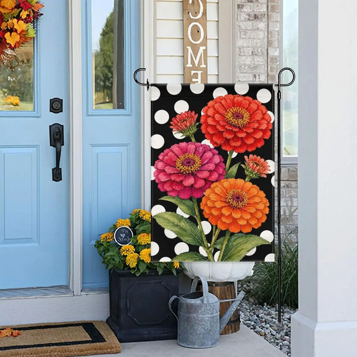 Summer Zinnias Garden Flag 12x18 Inch Black White Polka Dot Double Sided Polyester Outdoor Yard Flag for Home Lawn Patio Gar xxl
