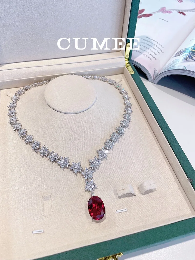 Cumee Luxury Chain Cultivation Ruby Pendant Necklace  Trend Necklace for Women 925 Silver Gold-plated