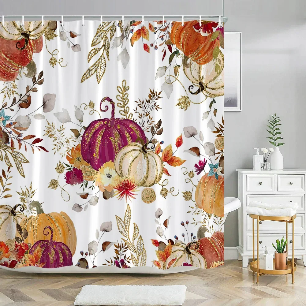 Watercolor Autumn Hanging Leaves Botanical Shower Curtain Fall Thanksgiving Bathroom Bathtubs Decor Easy Care Washable Durable